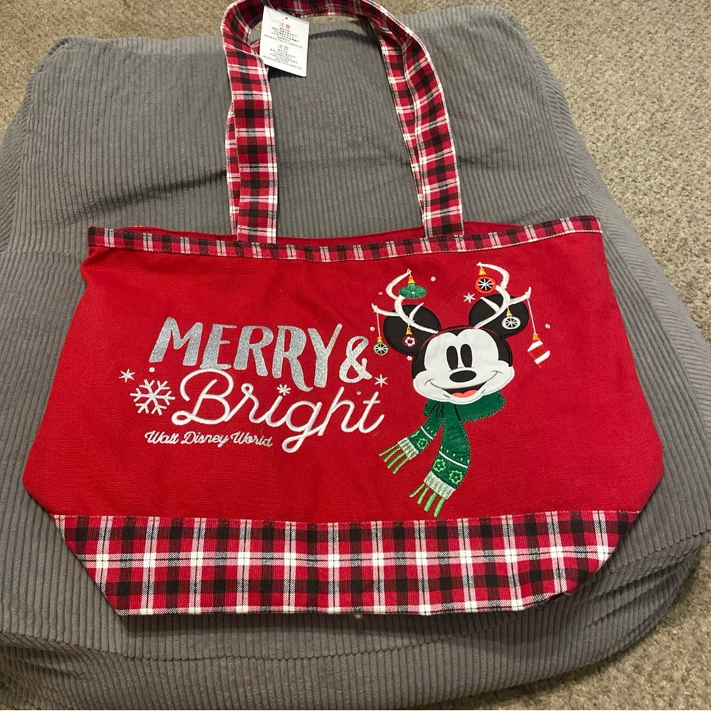 Walt Disney World Mickey Red Plaid Merry and Bright Christmas Tote Bag NWT